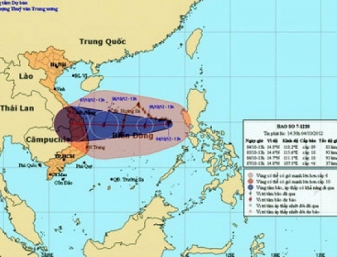 Đường đi và vị trí cơn bão (Ảnh: Trung tâm Dự báo Khí tượng thủy văn Trung ương)