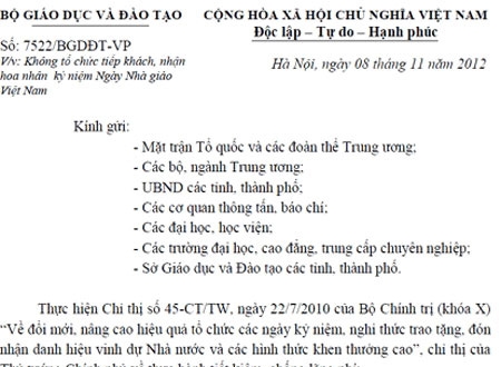 Văn bản do Thứ trưởng Bộ GD-ĐT ký gửi các đơn vị