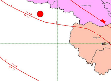 Bản đồ chấn tâm trận động đất biên giới Việt - Lào (nguồn: Trung tâm báo tin động đất và cảnh báo sóng thần).