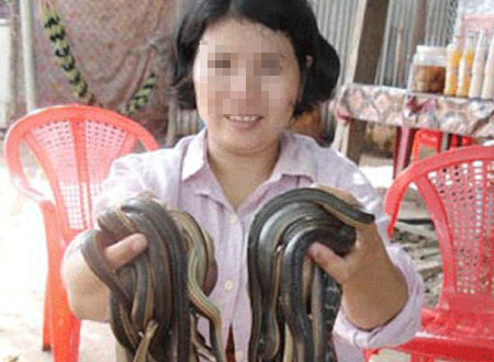 Một người bán rắn dạo đang giới thiệu các loại rắn với người mua.