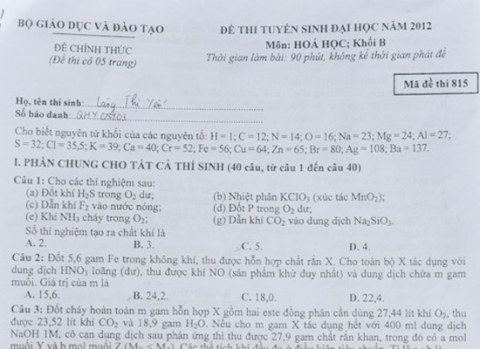 Đề thi môn Hóa khối B 2012 được đánh giá là tương đương với đề thi mọi năm
