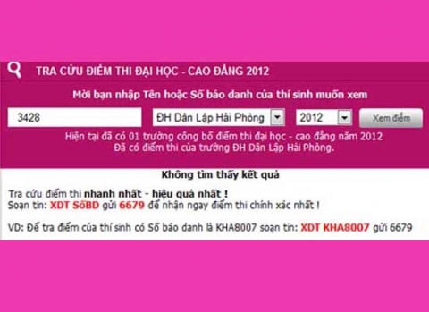 Hệ thống tra cứu điểm thi của diemthi.xahoi.com.vn