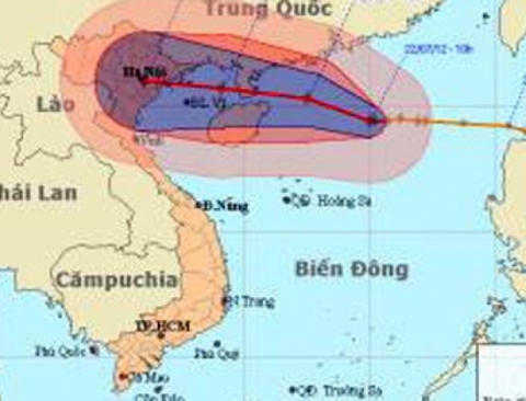 Tâm và hướng đi của bão số 4 (Theo bản tin 11h30, Trung tâm Dự báo KTTV Trung ương)