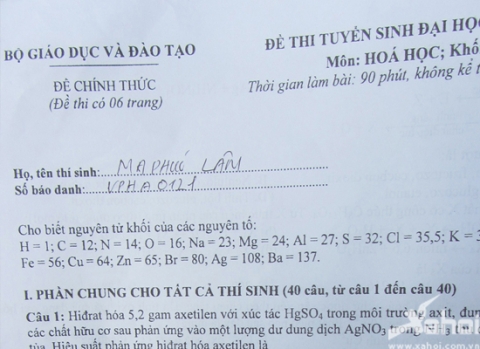 Đề thi môn Hóa Học đã được nhóm phóng viên cập nhật ngay sau khi môn thi kết thúc