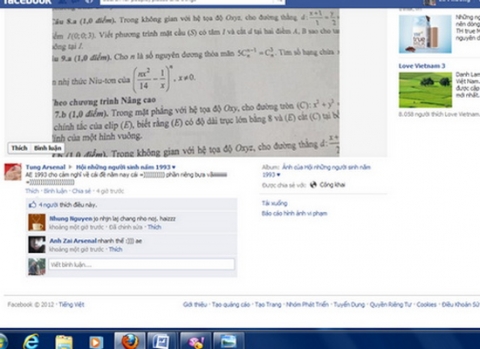Hình chụp lại hình ảnh đề thi môn toán đăng trên Face book có hiển thị thời gian tấm hình này xuất hiện khoảng 9h sáng 4/7