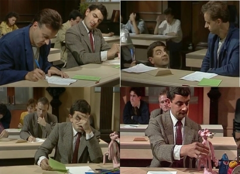 Mr. Bean làm nhiều cách để đánh lạc hướng người bên cạnh để chép bài