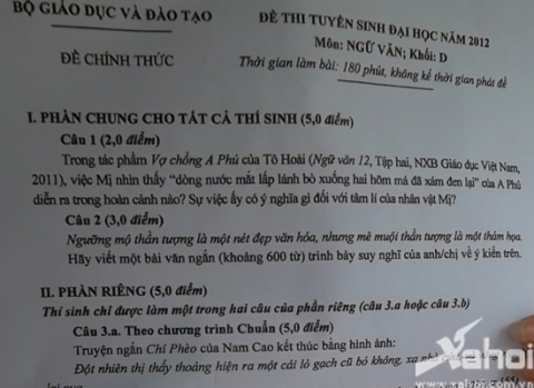 Đề thi môn Ngữ văn khối D - 2012