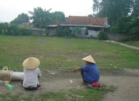 Hai phụ nữ đang bẫy chim sơn ca tại xã Hoa Thành, huyện Yên Thành