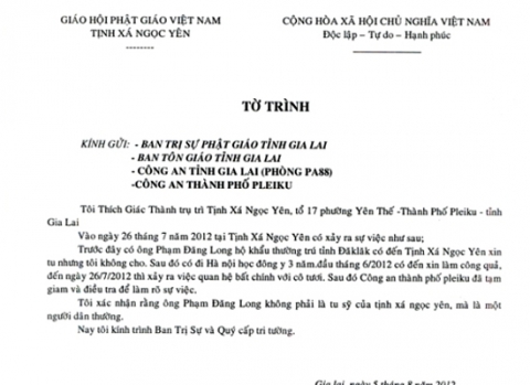 Tờ trình của Thượng tọa Thích Giác Thành, Trụ trì Tịnh xá Ngọc Yên, xác nhận rằng ông Phạm Đăng Long không phải là tu sĩ