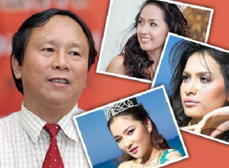 Chân dung nhà thơ Dương Kỳ Anh và một số người đẹp đã từng đăng quang Hoa hậu Việt Nam.