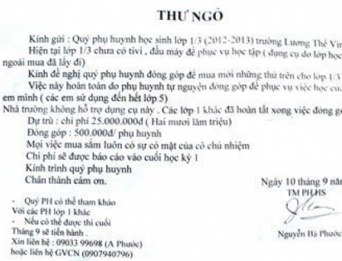 Nội dung bức thư ngỏ của Ban đại diện phụ huynh lớp 1/3 Trường Tiểu học Lương Thế Vinh, quận Thủ Đức