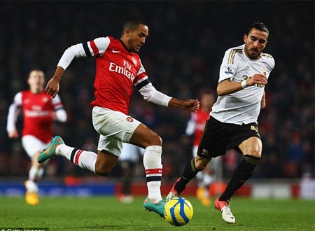 Mức lương mới của Walcott (trái) ở Arsenal là 100.000 bảng/tuần