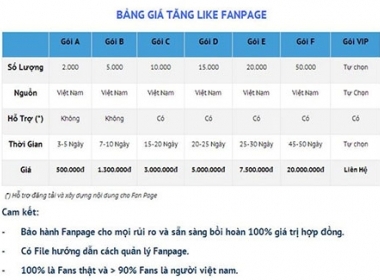 Bảng giá dịch vụ tăng Like với cam kết 