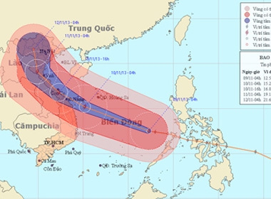 Lúc 4h ngày 9/11, bão số 14 cách đảo Song Tử Tây (thuộc quần đảo Trường Sa) khoảng 360km về phía đông đông bắc - Ảnh: Trung tâm Dự báo khí tượng thủy văn T.Ư