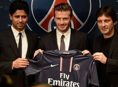 Beckham cùng Giám đốc thể thao Leonardo và chủ tịch PSG Nasser Al-Khelaifi (Nguồn: AFP)