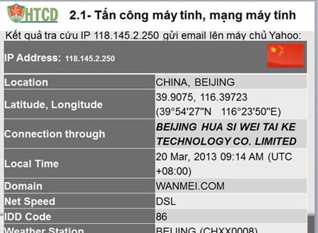 Nguồn gốc tấn công vào email của lãnh đạo Cục Cảnh sát phòng chống tội phạm sử dụng công nghệ cao được xác định đến từ Trung Quốc - Nguồn: Đại tá Trần Văn Hòa