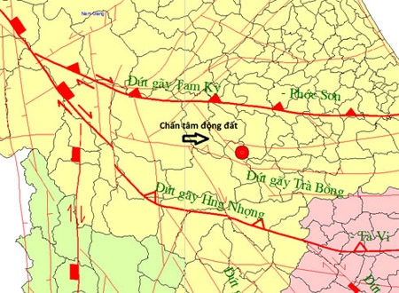 Tâm chấn trận động đất mạnh 3,6 độ Richter tại H.Bắc Trà My vào chiều nay 7/3 - Nguồn: Viện Vật lý địa cầu