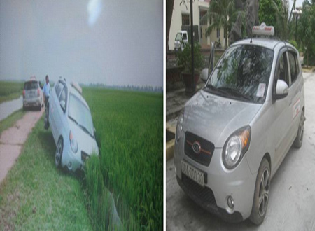 Chiếc taxi tại hiện trường và sau khi được đưa về trụ sở CAH Phú Xuyên