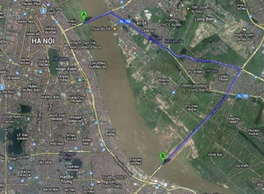 Từ ngày 26/6, để đi từ đầu này sang đầu kia cầu Chương Dương (A), các ôtô sẽ phải đi vòng hơn 10 km qua cầu Vĩnh Tuy (B). Ảnh: Google Maps.