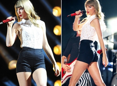 Taylor Swift biểu diễn trên sân khấu 2013 CMA Music Festival với kiểu quần short cạp cao, ôm sát quen thuộc 