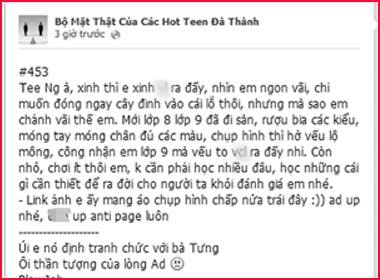 Một trong những status xuyên tạc, xúc phạm của FB “Bộ Mặt Thật Của Các Hot teen Đà Thành” khiến nhiều người là nạn nhân