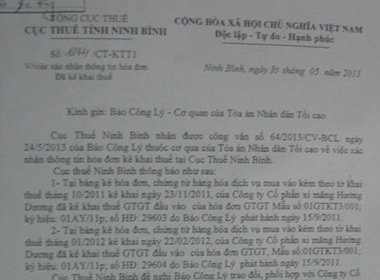 Công văn trả lời của Cục thuế tỉnh Ninh Bình khẳng định Công ty CP XM Hướng Dương đã dùng 2 hóa đơn của Báo Công lý để kê khai khấu trừ thuế GTGT đầu vào