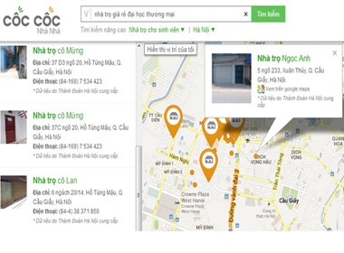 Khi một thí sinh tìm kiếm một nhà trọ giá rẻ gần đại học Thương Mại, Cốc Cốc sẽ cung cấp kết quả bao gồm địa chỉ, tên chủ nhà trọ và số điện thoại từ cơ sở dữ liệu của Thành đoàn Hà Nội.