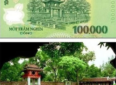 Văn miếu Quốc Tử Giám, Hà Nội được in trong tờ một trăm nghìn đồng 