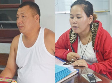 Vợ chồng Nông Thị Bé và Lý Xue Leng tại cơ quan công an