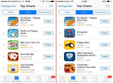 Bảng xếp hạng những ứng dụng miễn phí phổ biến nhất tại Việt Nam (trái) và Mỹ (phải) đều tràn ngập những ứng dụng ăn theo Flappy Bird