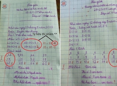 52+14=67, giáo viên 'vui vẻ' khoanh 'đúng' và tính điểm