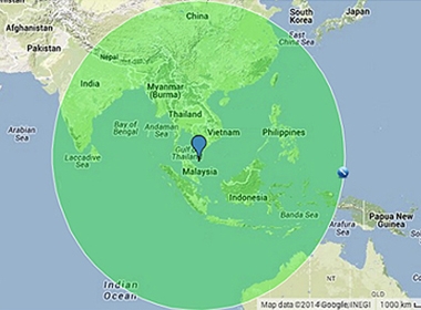 Khu vực mà chuyến bay MH370 có thể tới nếu bay thêm 4 giờ nữa kể từ vị trí mất tích khỏi màn hình radar dân sự Malaysia. Đồ họa: WSJ.