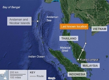 Nhiều chuyên gia dự đoán phi cơ Boeing 777 bay hướng về quần đảo Andaman hôm 8/3. Ảnh: BBC