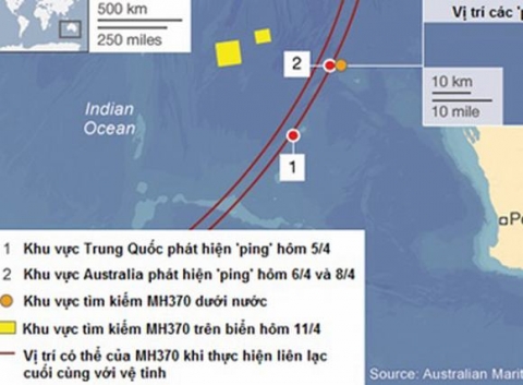 Vị trí phát hiện các 'ping' và khu vực tìm kiếm MH370