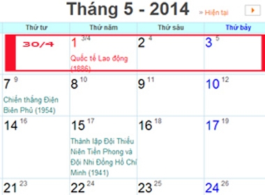 Lịch nghỉ lễ 30/4 -1/5 năm 2014