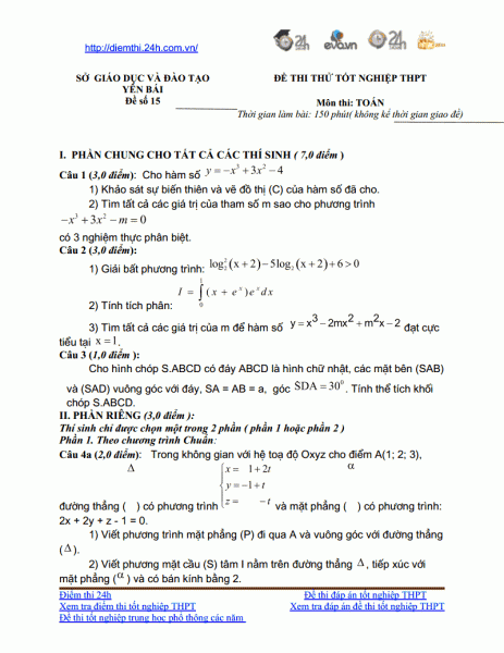 Đáp án đề thì tốt nghiệp môn Toán Năm 2014 - đáp án chính thức của bộ giáo dục năm 2014