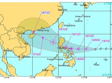 Hình ảnh dự báo bão Rammasun của đài quan sát Hải quân Mỹ.