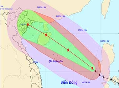 Dự kiến đường đi bão Rammasun của Trung tâm dự báo Khí tượng và Thủy văn Trung ương chiều 16/7.