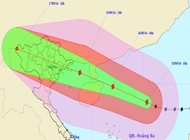Dự báo đường đi của bão Kalmaegi của Trung tâm dự báo khí tượng và thủy văn Trung ương chiều 15/9.