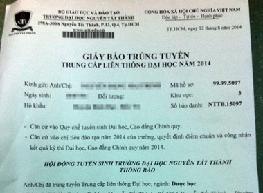 Giấy báo trúng tuyển trung cấp liên thông Đại học ngành dược năm 2014