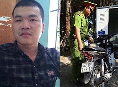 Hung thủ Nguyễn Hoài Nam và chiếc xe tang vật được Công an tỉnh Tiền Giang thu hồi. 