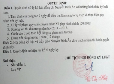 Quyết định kỷ luật thầy giáo Nguyễn Đình Ân-