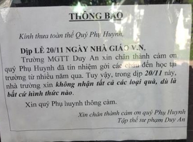 Thông báo không nhận quà 20/11 của trường mầm non Duy An