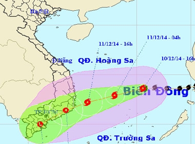 Đường đi của bão số 5 lúc 14h chiều nay. Nguồn: Trung tâm Dự báo Khí tượng Thủy văn trung ương