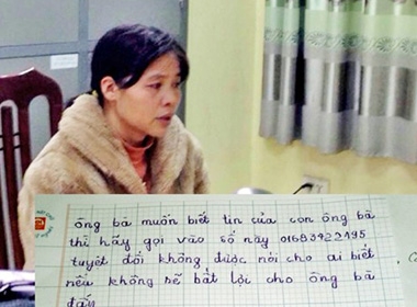 Đối tượng Liễu tại cơ quan CSĐT - CATP Hà Nội và bức thư Liễu viết bằng tay trái  với nội dung đe dọa, tống tiền gia đình cháu bé bị bắt cóc