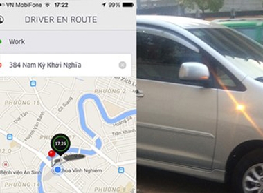 Chiếc Innova còn rất mới tham gia dịch vụ taxi Uber (ảnh lớn); Bảng thông tin của tài xế và tuyến đường hiện lên khi khách click chuột chọn dịch vụ (ảnh nhỏ)