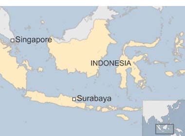 Bản đồ đường bay từ thành phố Surabaya ở Indonesia tới Singapore