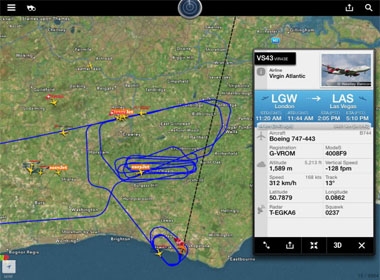 Ảnh trên trang theo dõi máy bay FlightRadar24 cho thấy VS43 đã bay rất nhiều vòng trên khu vực sân bay Gatwick trước khi hạ cánh khẩn cấp