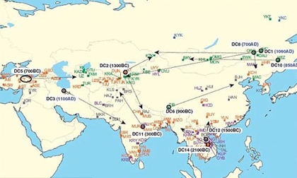 Bản đồ mô tả các dòng giống người (ký hiệu DC) ở châu Á. Ảnh: Nature