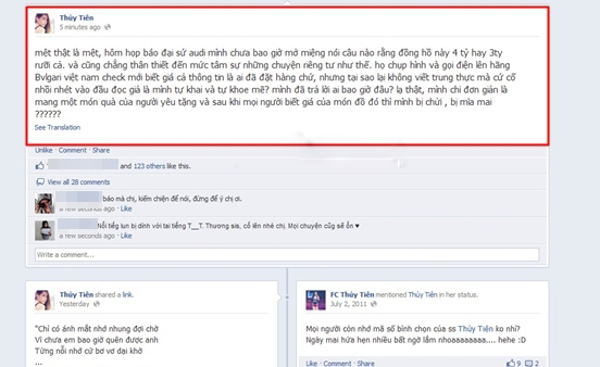 Ảnh chụp màn hình status của Thủy Tiên trên Fanpage